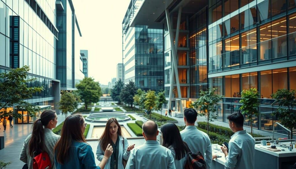 A modern university campus, with a striking architectural design featuring glass, steel, and concrete. In the foreground, a group of students engaged in lively discussions, their hands gesturing animatedly as they collaborate on a project. The middle ground showcases state-of-the-art laboratories, where researchers in white coats diligently work on cutting-edge experiments. In the background, a serene courtyard with lush greenery and a tranquil water feature, providing a peaceful respite for contemplation and inspiration. Warm, diffused lighting casts a glow over the entire scene, evoking a sense of innovation, discovery, and the pursuit of knowledge.