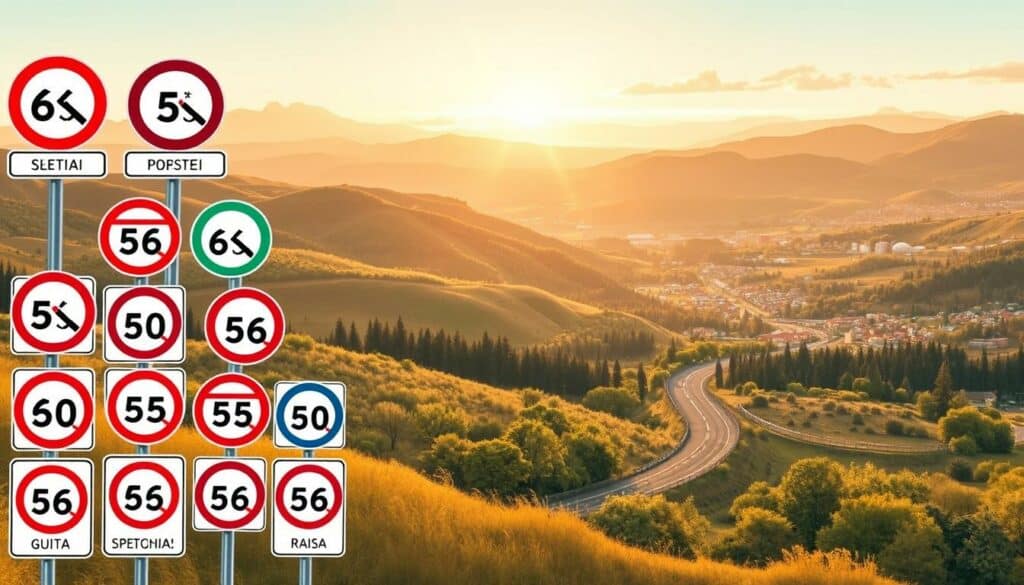 A multi-panel illustration depicting international speed limit comparisons. The foreground features a series of road signs representing different speed limits from various countries, arranged in a grid-like layout. The signs are detailed and realistic, showcasing the unique designs and symbols used globally. The middle ground shows a winding road cutting through a varied landscape, with rolling hills, forests, and urban areas in the background. The scene is bathed in warm, golden lighting, creating a sense of tranquility. The overall composition conveys a clear, informative visual representation of the differences in international speed limit regulations. A multi-panel illustration depicting international speed limit comparisons. The foreground features a series of road signs representing different speed limits from various countries, arranged in a grid-like layout. The signs are detailed and realistic, showcasing the unique designs and symbols used globally. The middle ground shows a winding road cutting through a varied landscape, with rolling hills, forests, and urban areas in the background. The scene is bathed in warm, golden lighting, creating a sense of tranquility. The overall composition conveys a clear, informative visual representation of the differences in international speed limit regulations.