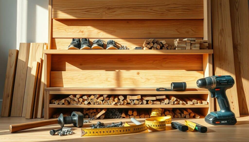 A neatly arranged collection of wood planks, screws, and other DIY materials for constructing a spacious, customizable shoe rack. The scene is illuminated by natural light, casting warm, soft shadows that highlight the textures and grains of the materials. The foreground features a selection of tools, including a hammer, a measuring tape, and a power drill, ready to be used in the shoe rack project. In the background, a blend of neutral-toned, high-resolution backgrounds provides a clean, professional setting for the image. The overall mood is one of organization, practicality, and a sense of creativity and DIY accomplishment.
