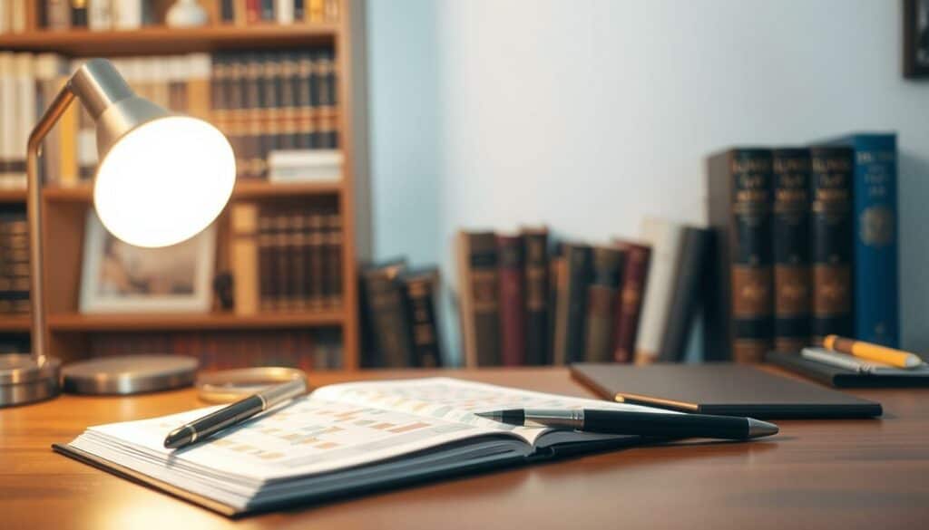 A neatly organized desk with a magnifying glass, a pen, and a notebook open to reveal a partially completed crossword puzzle. The lighting is soft and warm, creating a cozy, focused atmosphere. In the background, a bookshelf filled with dictionaries and reference materials, hinting at the intellectual pursuit of puzzle-solving. The overall scene conveys a sense of thoughtful concentration and the satisfaction of unraveling the challenges of a crossword.
