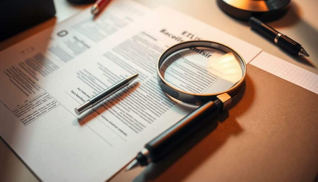 A neatly organized desk with legal documents, a magnifying glass, and a pen. The documents are carefully arranged, with a focused, analytical atmosphere. Warm, indirect lighting illuminates the scene, casting subtle shadows and highlights. The angles are slightly elevated, giving a bird's-eye view of the meticulous review process. The background is a clean, uncluttered workspace, emphasizing the attention to detail and the importance of this financial task. The mood is one of diligence, concentration, and a sense of accomplishment in getting one's finances in order.