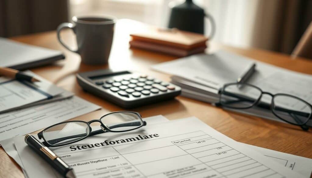 A neatly organized desk with various tax forms and documents, including a German tax return form titled "Steuerformulare". The lighting is soft and natural, creating a warm and focused atmosphere. In the foreground, a pen and spectacles rest next to the forms, suggesting careful attention to detail. The middle ground features a calculator and a cup of coffee, conveying a sense of diligence and concentration. The background is blurred, keeping the focus on the essential tax-related items. This scene visually represents the process of properly filling out German tax forms, as described in the article section. A neatly organized desk with various tax forms and documents, including a German tax return form titled "Steuerformulare". The lighting is soft and natural, creating a warm and focused atmosphere. In the foreground, a pen and spectacles rest next to the forms, suggesting careful attention to detail. The middle ground features a calculator and a cup of coffee, conveying a sense of diligence and concentration. The background is blurred, keeping the focus on the essential tax-related items. This scene visually represents the process of properly filling out German tax forms, as described in the article section.