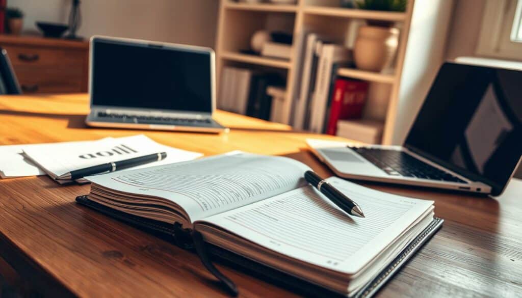 A neatly organized home office with a wooden desk, a laptop, and a stack of financial documents. Soft, natural lighting filters through a nearby window, creating a warm and focused atmosphere. On the desk, a well-worn leather-bound journal lies open, its pages filled with meticulously recorded entries. A pen rests beside it, ready to capture the next financial transaction. The background features a minimalist bookshelf, its shelves adorned with financial planning books and a small potted plant, conveying a sense of balance and control over one's financial affairs.