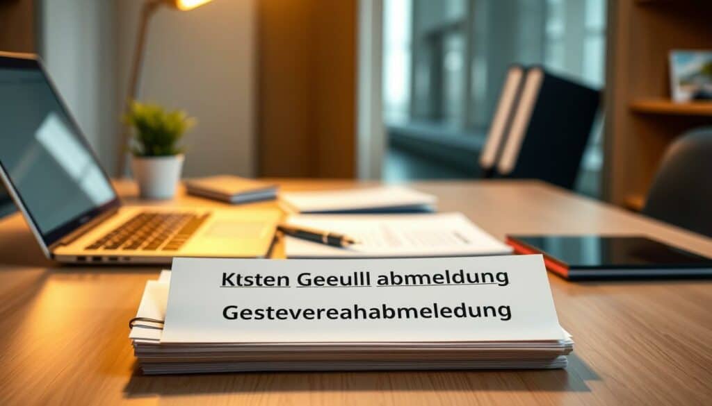 A neatly organized office desk, pristine and professional, with a laptop, pen, and paper meticulously arranged. In the foreground, a stack of official-looking documents, the title "Kosten Gewerbeabmeldung" prominently displayed. Warm, focused lighting illuminates the desk, creating a sense of clarity and attention to detail. The background is blurred, emphasizing the importance of the task at hand. The overall atmosphere conveys a sense of efficiency, diligence, and the careful consideration required for the process of "Gewerbeabmeldung München".