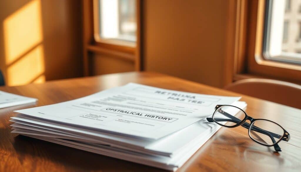 A neatly organized stack of medical documents and forms sits on a wooden desk, illuminated by warm, natural lighting filtering through a nearby window. The papers include a patient information sheet, a medical history form, and a referral letter addressed to an ophthalmologist. Nearby, a pair of stylish eyeglasses rests on the desk, suggesting the personal connection of the owner. The overall scene conveys a sense of preparedness and attention to detail, reflecting the care and diligence required for a successful ophthalmologist appointment. A neatly organized stack of medical documents and forms sits on a wooden desk, illuminated by warm, natural lighting filtering through a nearby window. The papers include a patient information sheet, a medical history form, and a referral letter addressed to an ophthalmologist. Nearby, a pair of stylish eyeglasses rests on the desk, suggesting the personal connection of the owner. The overall scene conveys a sense of preparedness and attention to detail, reflecting the care and diligence required for a successful ophthalmologist appointment.
