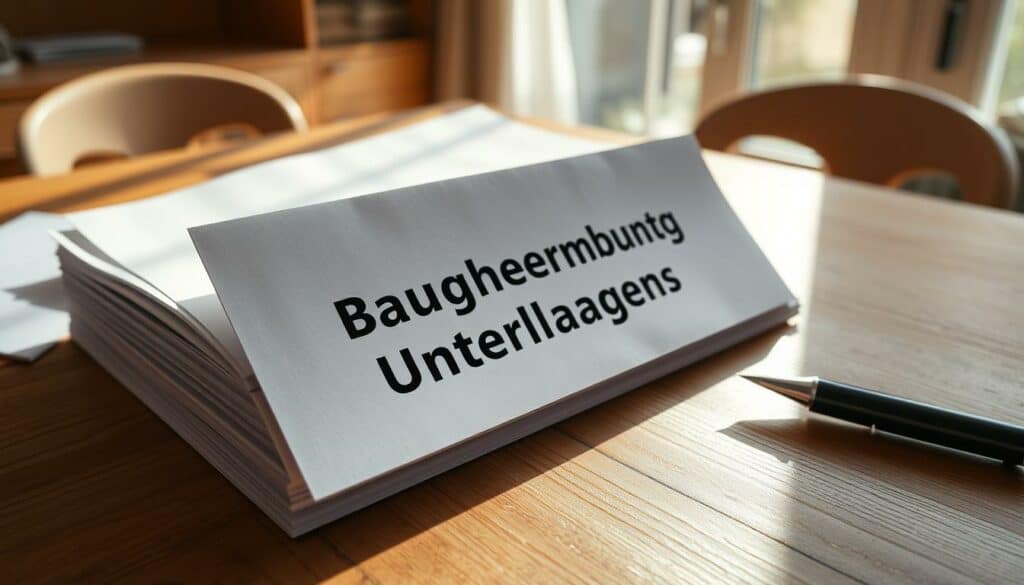 A neatly organized stack of official-looking documents rests on a wood-grain desk, casting soft shadows in the warm, natural light flooding the room. The documents are marked "Baugenehmigung Unterlagen" in a bold, sans-serif font, their crisp edges and pristine condition conveying the gravity of the subject matter. The desk is positioned in a cozy, home office setting, hinting at the practical, DIY context of the larger article. The overall scene is captured in a high-resolution, 4K photographic style, exuding a sense of professionalism and attention to detail.
