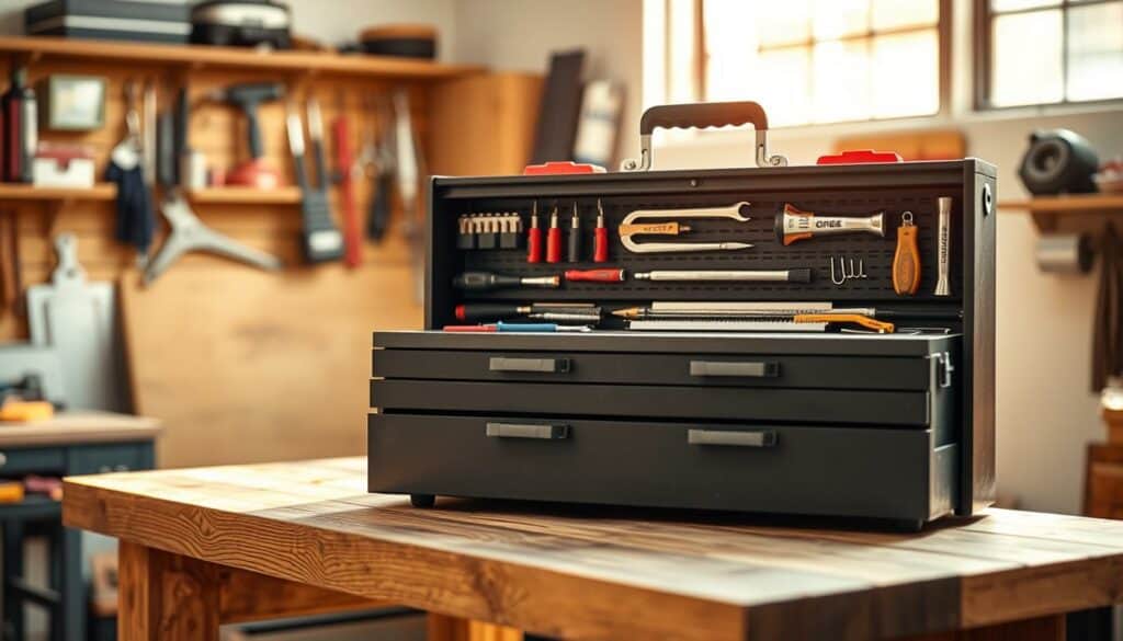 A neatly organized toolbox sits atop a sturdy wooden workbench, showcasing a variety of workshop tools and accessories. The toolbox features multiple compartments and drawers, each meticulously arranged with precision. A warm, natural light floods the scene, casting a soft glow and highlighting the craftsmanship of the toolbox. The background is blurred, keeping the focus on the practical and efficient storage solution. The overall atmosphere conveys a sense of order and control, perfect for the aspiring "chaos heroes" looking to streamline their workspace.