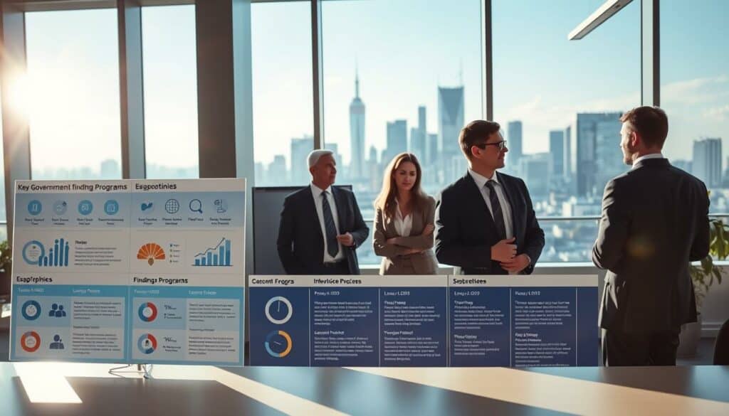 A panoramic view of an office workspace, illuminated by natural light streaming through large windows. In the foreground, a series of infographic panels displaying key government funding programs for businesses, with icons, charts, and concise descriptions. In the middle ground, knowledgeable professionals in business attire discussing and analyzing the programs. In the background, a high-tech city skyline visible through the windows, conveying a sense of progress and growth. The overall atmosphere is professional, informative, and conducive to strategic decision-making about securing valuable business support. A panoramic view of an office workspace, illuminated by natural light streaming through large windows. In the foreground, a series of infographic panels displaying key government funding programs for businesses, with icons, charts, and concise descriptions. In the middle ground, knowledgeable professionals in business attire discussing and analyzing the programs. In the background, a high-tech city skyline visible through the windows, conveying a sense of progress and growth. The overall atmosphere is professional, informative, and conducive to strategic decision-making about securing valuable business support.