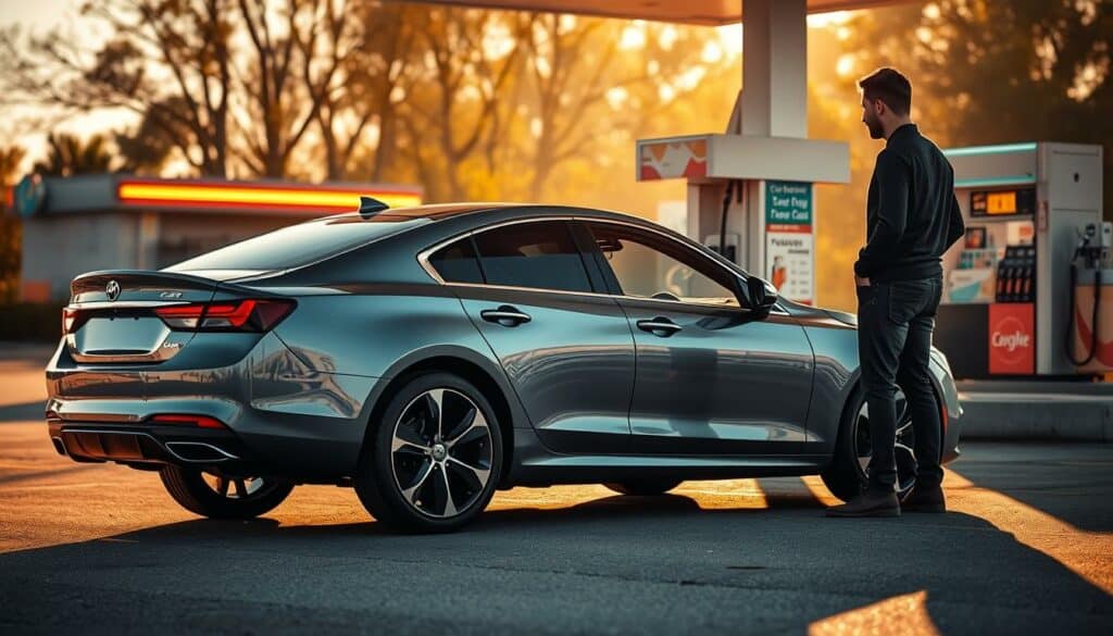 A parked car at a gas station, engine off, as the driver steps away, hands in pockets, gazing thoughtfully at the pumps. The scene is bathed in warm, afternoon sunlight, casting long shadows on the asphalt. The car's shape is sleek and modern, its chrome trim shining. In the background, a convenience store with a neon sign beckons. The overall mood is one of quiet contemplation, a moment of respite in the day's errands. A parked car at a gas station, engine off, as the driver steps away, hands in pockets, gazing thoughtfully at the pumps. The scene is bathed in warm, afternoon sunlight, casting long shadows on the asphalt. The car's shape is sleek and modern, its chrome trim shining. In the background, a convenience store with a neon sign beckons. The overall mood is one of quiet contemplation, a moment of respite in the day's errands.