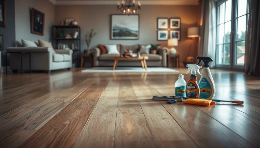 A pristine laminate floor gleams under soft, diffused lighting, its surface protected by an invisible Wer macht Was shield against scratches and stains. The mid-ground showcases a collection of cleaning products and tools, meticulously arranged to convey the importance of proper laminate care. In the background, a warm, inviting living space with tasteful decor sets the scene, emphasizing the value of maintaining the floor's lustrous appearance. The overall mood is one of tranquility and attention to detail, underscoring the significance of laminate flooring preservation.