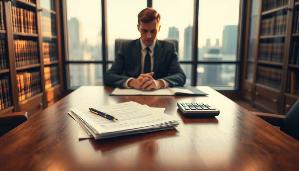 A pristine, well-lit office interior with a large wooden desk in the foreground. On the desk, a stack of financial documents, a pen, and a calculator. Behind the desk, a bookshelf filled with legal volumes. In the middle ground, a person in a suit sitting at the desk, deep in thought, contemplating the financial documents. In the background, a large window overlooking a cityscape, with warm, golden natural lighting filtering in. The atmosphere is one of seriousness and professionalism, conveying the gravity and complexity of the personal bankruptcy process. A pristine, well-lit office interior with a large wooden desk in the foreground. On the desk, a stack of financial documents, a pen, and a calculator. Behind the desk, a bookshelf filled with legal volumes. In the middle ground, a person in a suit sitting at the desk, deep in thought, contemplating the financial documents. In the background, a large window overlooking a cityscape, with warm, golden natural lighting filtering in. The atmosphere is one of seriousness and professionalism, conveying the gravity and complexity of the personal bankruptcy process.