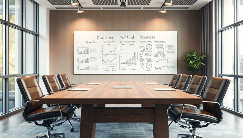 A professional business meeting room with a modern, minimalist aesthetic. In the foreground, a wooden conference table is surrounded by comfortable leather chairs. The middle ground features a large whiteboard, on which various graphs, charts, and handwritten notes are visible, illustrating different evaluation methods. The background showcases floor-to-ceiling windows, allowing natural light to flood the space and creating a sense of openness and collaboration. The overall mood is one of thoughtful analysis and productive discussion, with a focus on fair and honest assessment of service providers. A professional business meeting room with a modern, minimalist aesthetic. In the foreground, a wooden conference table is surrounded by comfortable leather chairs. The middle ground features a large whiteboard, on which various graphs, charts, and handwritten notes are visible, illustrating different evaluation methods. The background showcases floor-to-ceiling windows, allowing natural light to flood the space and creating a sense of openness and collaboration. The overall mood is one of thoughtful analysis and productive discussion, with a focus on fair and honest assessment of service providers.