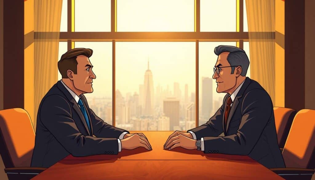 A professional business negotiation scene. In the foreground, two businessmen in formal attire sit across a polished wooden table, engaged in an intense discussion, their expressions serious yet thoughtful. Behind them, large windows offer a panoramic view of a bustling city skyline, bathed in warm, golden afternoon light. The atmosphere is one of focused deliberation, with a sense of gravity and high stakes. Careful framing and attention to detail, capturing the nuances of body language and facial expressions, convey the tension and importance of the negotiations. The lighting is cinematic, casting dramatic shadows and highlights to emphasize the gravity of the situation. An elegant, sophisticated scene that reflects the subject of successful business acquisition and the art of negotiation. A professional business negotiation scene. In the foreground, two businessmen in formal attire sit across a polished wooden table, engaged in an intense discussion, their expressions serious yet thoughtful. Behind them, large windows offer a panoramic view of a bustling city skyline, bathed in warm, golden afternoon light. The atmosphere is one of focused deliberation, with a sense of gravity and high stakes. Careful framing and attention to detail, capturing the nuances of body language and facial expressions, convey the tension and importance of the negotiations. The lighting is cinematic, casting dramatic shadows and highlights to emphasize the gravity of the situation. An elegant, sophisticated scene that reflects the subject of successful business acquisition and the art of negotiation.
