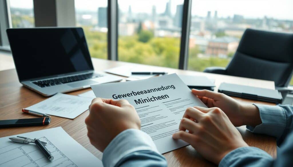 A professional, modern office setting with a wooden desk, a laptop, and various business documents. In the foreground, a person's hands are filling out a form labeled "Gewerbeanmeldung München". In the background, a city skyline is visible through large windows, indicating the location. The lighting is soft and natural, creating a calm and productive atmosphere. The composition emphasizes the importance of the registration process, with the city skyline suggesting the broader context of establishing a business in Munich. A professional, modern office setting with a wooden desk, a laptop, and various business documents. In the foreground, a person's hands are filling out a form labeled "Gewerbeanmeldung München". In the background, a city skyline is visible through large windows, indicating the location. The lighting is soft and natural, creating a calm and productive atmosphere. The composition emphasizes the importance of the registration process, with the city skyline suggesting the broader context of establishing a business in Munich.