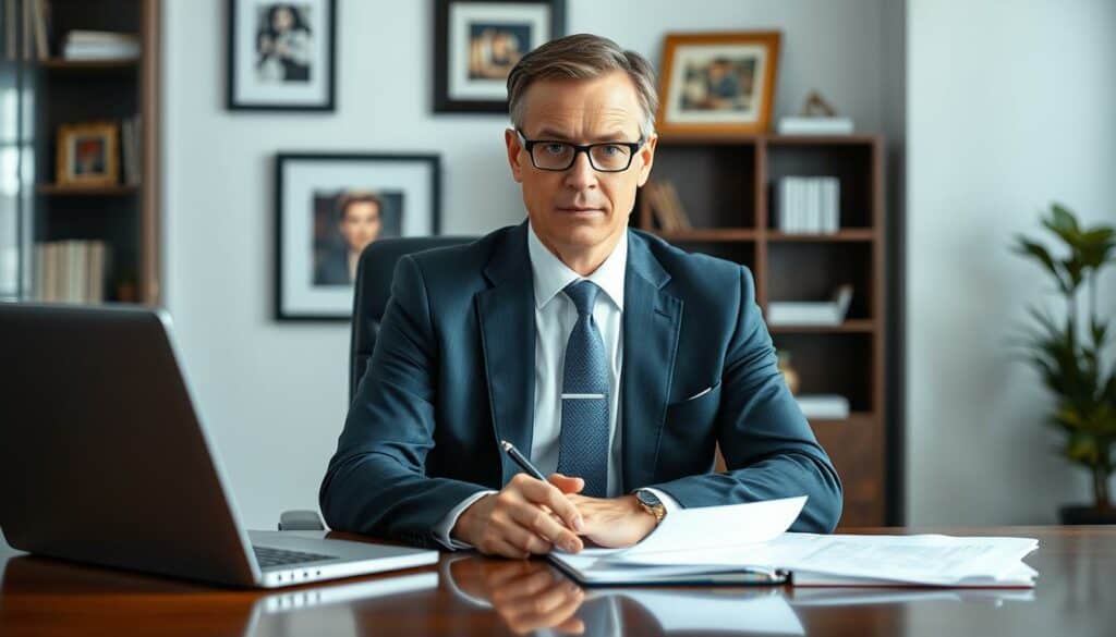 A professional, serious-looking Geschäftsführer sitting at a desk in a well-lit, modern office. The Geschäftsführer is wearing a suit and tie, with a focused, determined expression. The desk is organized with a laptop, papers, and a pen. The background features tasteful decor, such as framed artwork or shelves, conveying a sense of authority and expertise. The lighting is bright and directional, creating defined shadows and highlights to emphasize the Geschäftsführer's confidence and competence. The overall atmosphere is one of professionalism, responsibility, and the diligent management of a single-owner business.