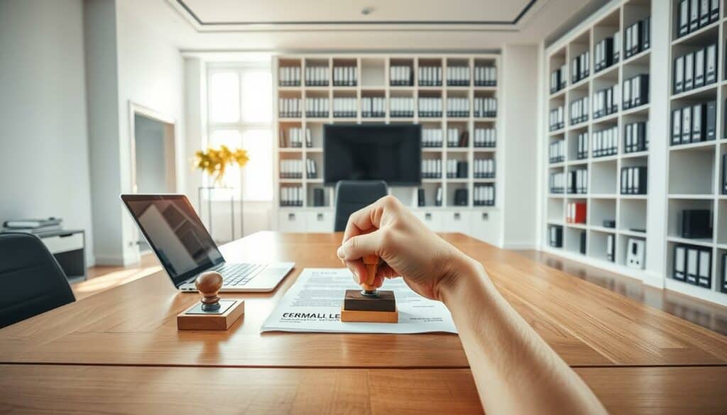 A professional, technically detailed office interior depicting the formal process of a German business registration. Bright, well-lit room with clean, minimalist decor - crisp white walls, polished hardwood floors, and modern furniture. Centered on a large wooden desk with an open laptop, legal documents, and a stamp. In the foreground, a hand firmly pressing the stamp onto an official-looking form. In the background, tall bookshelves line the walls, filled with neatly organized binders and files. Soft, natural lighting from floor-to-ceiling windows casts a warm glow throughout the space, conveying a sense of efficiency and professionalism associated with the German Handelsregister registration. A professional, technically detailed office interior depicting the formal process of a German business registration. Bright, well-lit room with clean, minimalist decor - crisp white walls, polished hardwood floors, and modern furniture. Centered on a large wooden desk with an open laptop, legal documents, and a stamp. In the foreground, a hand firmly pressing the stamp onto an official-looking form. In the background, tall bookshelves line the walls, filled with neatly organized binders and files. Soft, natural lighting from floor-to-ceiling windows casts a warm glow throughout the space, conveying a sense of efficiency and professionalism associated with the German Handelsregister registration.