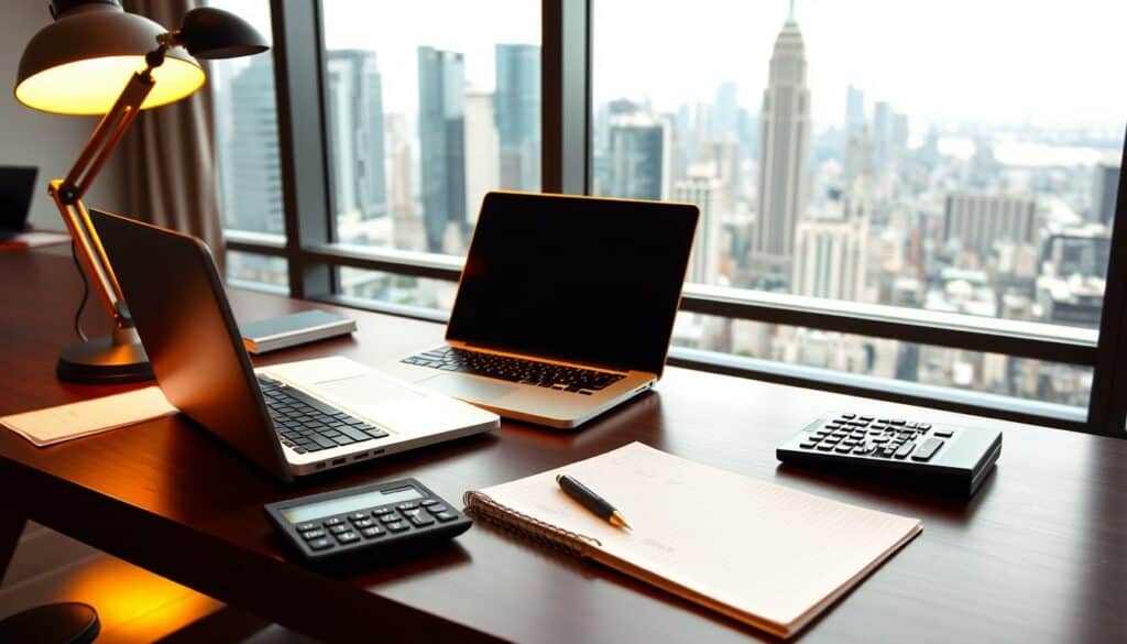 A professional, well-organized office desk with a laptop, a notebook, a pen, and a calculator. The desk is made of sleek, dark wood and is illuminated by a warm, adjustable lamp. In the background, a large window offers a view of a bustling city skyline. The mood is focused and productive, with a sense of diligent attention to detail and personalized organization. The image conveys the idea of customizing and fine-tuning a financial watchlist to suit individual needs and preferences.