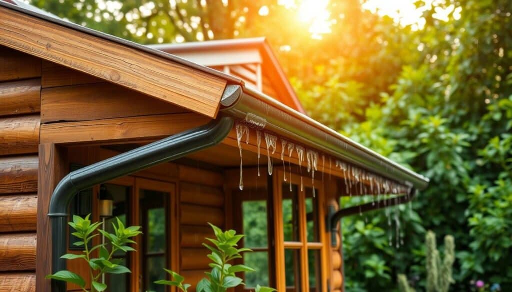 A quaint garden house with a rustic charm, set against a backdrop of lush greenery. The wooden structure features a gabled roof adorned with a functional rain gutter, seamlessly blending form and function. Warm sunlight filters through the windows, casting a gentle glow and creating a cozy atmosphere. The scene exudes a sense of tranquility, inviting the viewer to imagine the sound of raindrops gently cascading down the gutter. The overall composition emphasizes the practical yet aesthetically pleasing integration of the water management system into the garden house's design, reflecting the attention to detail and craftsmanship that go into creating a self-built backyard retreat.