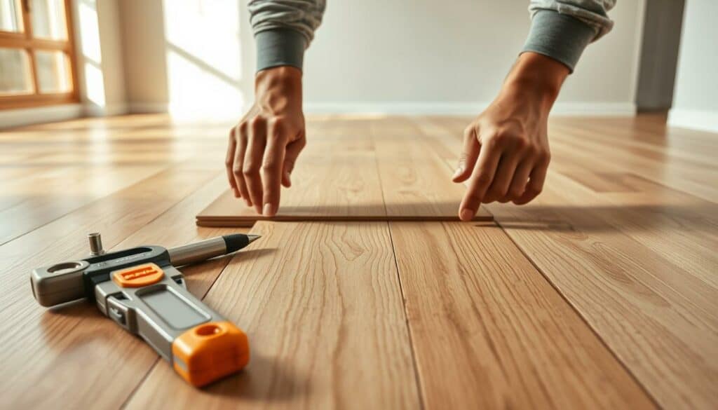 A realistic, high-resolution 4K photographic image depicting the first row of laminate flooring being installed. The scene shows a person's hands carefully aligning and securing the first plank, with the tools and materials used for the installation prominently featured in the foreground. The middle ground features the already-laid planks, creating a sense of order and progression, while the background showcases the empty room awaiting the completed floor. The lighting is natural and warm, casting gentle shadows that accentuate the textures and details of the materials. The overall mood is one of precision, focus, and the satisfaction of a job well-begun.