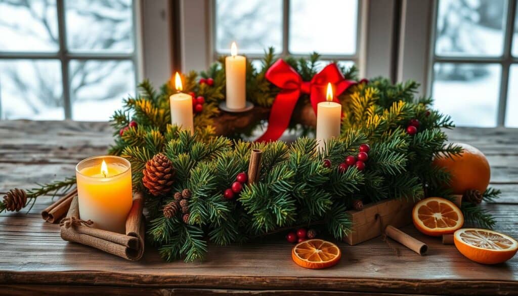 A rustic Advent wreath resting on a weathered wooden table, surrounded by pine branches, cinnamon sticks, and dried orange slices. Warm candlelight flickers, casting a soft, cozy glow across the scene. The wreath's evergreen foliage is lush and vibrant, its red ribbon and berries adding pops of festive color. In the background, a window frames a snowy winter landscape, hinting at the approaching holiday season. The composition is balanced and inviting, evoking a sense of traditional holiday charm and the gentle care required to maintain this cherished seasonal decoration. A rustic Advent wreath resting on a weathered wooden table, surrounded by pine branches, cinnamon sticks, and dried orange slices. Warm candlelight flickers, casting a soft, cozy glow across the scene. The wreath's evergreen foliage is lush and vibrant, its red ribbon and berries adding pops of festive color. In the background, a window frames a snowy winter landscape, hinting at the approaching holiday season. The composition is balanced and inviting, evoking a sense of traditional holiday charm and the gentle care required to maintain this cherished seasonal decoration.