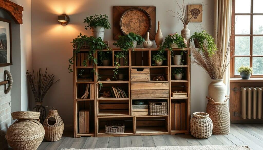 A rustic Weinkisten-Kommode stands in a cozy, well-lit room. The wooden crates are artfully arranged, their natural textures and warm tones creating a charming, farmhouse-inspired decor. Trailing vines and potted plants adorn the shelves, adding pops of verdant greenery. Ambient lighting from sconces and a large window casts a soft, inviting glow, highlighting the unique character of the upcycled furniture piece. Decorative accents like woven baskets, ceramic vases, and natural fiber textiles complement the overall earthy, sustainable aesthetic. The Weinkisten-Kommode is the focal point, its repurposed design blending seamlessly with the cozy, harmonious setting. A rustic Weinkisten-Kommode stands in a cozy, well-lit room. The wooden crates are artfully arranged, their natural textures and warm tones creating a charming, farmhouse-inspired decor. Trailing vines and potted plants adorn the shelves, adding pops of verdant greenery. Ambient lighting from sconces and a large window casts a soft, inviting glow, highlighting the unique character of the upcycled furniture piece. Decorative accents like woven baskets, ceramic vases, and natural fiber textiles complement the overall earthy, sustainable aesthetic. The Weinkisten-Kommode is the focal point, its repurposed design blending seamlessly with the cozy, harmonious setting.