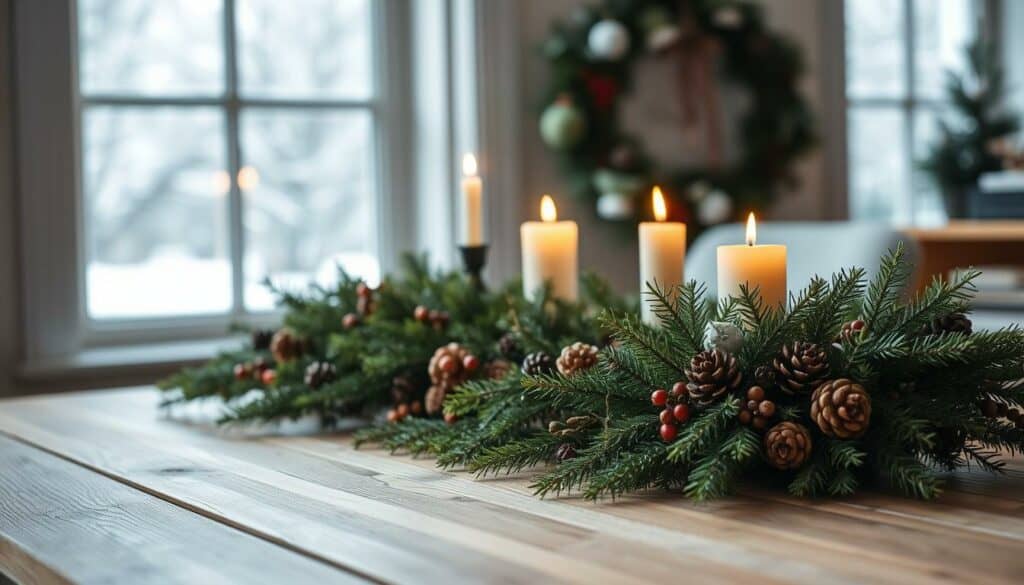 A rustic and elegant long advent arrangement resting on a wooden table. In the foreground, a mix of lush evergreen branches, pinecones, and dried berries are artfully arranged in a linear fashion. The middle ground features a set of warm candlesticks flickering softly, casting a cozy glow. In the background, a window reveals a snowy winter landscape, hinting at the festive season. The lighting is natural and diffused, creating a serene and contemplative atmosphere. The composition is balanced and visually pleasing, embodying the essence of a modern yet traditional "längliches Adventsgesteck". A rustic and elegant long advent arrangement resting on a wooden table. In the foreground, a mix of lush evergreen branches, pinecones, and dried berries are artfully arranged in a linear fashion. The middle ground features a set of warm candlesticks flickering softly, casting a cozy glow. In the background, a window reveals a snowy winter landscape, hinting at the festive season. The lighting is natural and diffused, creating a serene and contemplative atmosphere. The composition is balanced and visually pleasing, embodying the essence of a modern yet traditional "längliches Adventsgesteck".