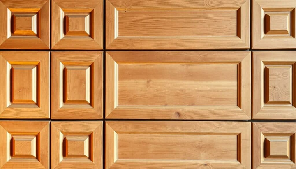 A rustic, hand-crafted wooden wall panel arrangement, showcasing a classic "Kassettenwand" design. The panels are arranged in a symmetrical grid pattern, with each individual panel featuring a recessed, square "cassette" detail. The wood has a warm, natural tone with a slightly distressed, weathered appearance, adding to the vintage, farmhouse-inspired aesthetic. Soft, diffused lighting casts gentle shadows across the textured surface, highlighting the depth and dimension of the design. The overall composition exudes a sense of timeless charm and handmade craftsmanship, perfectly complementing the "klassisch rustikal" theme of the article section. A rustic, hand-crafted wooden wall panel arrangement, showcasing a classic "Kassettenwand" design. The panels are arranged in a symmetrical grid pattern, with each individual panel featuring a recessed, square "cassette" detail. The wood has a warm, natural tone with a slightly distressed, weathered appearance, adding to the vintage, farmhouse-inspired aesthetic. Soft, diffused lighting casts gentle shadows across the textured surface, highlighting the depth and dimension of the design. The overall composition exudes a sense of timeless charm and handmade craftsmanship, perfectly complementing the "klassisch rustikal" theme of the article section.