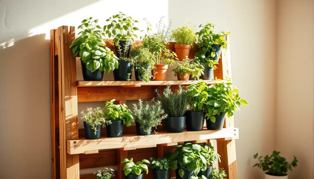 A rustic herb rack constructed from repurposed wooden pallets, standing against a bright, sunlit wall. The pallets are arranged in a staggered, asymmetric pattern, creating multiple tiers to display a variety of thriving potted herbs - fragrant basil, lush rosemary, and vibrant parsley. Warm, natural lighting filters through the scene, casting gentle shadows and highlighting the weathered, textured wood. The overall composition evokes a sense of homey, countryside charm, perfectly suited for a cozy kitchen herb garden. A rustic herb rack constructed from repurposed wooden pallets, standing against a bright, sunlit wall. The pallets are arranged in a staggered, asymmetric pattern, creating multiple tiers to display a variety of thriving potted herbs - fragrant basil, lush rosemary, and vibrant parsley. Warm, natural lighting filters through the scene, casting gentle shadows and highlighting the weathered, textured wood. The overall composition evokes a sense of homey, countryside charm, perfectly suited for a cozy kitchen herb garden.