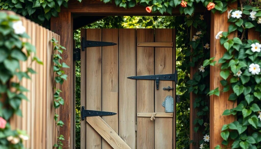 A rustic wooden garden gate, its weathered planks and hardware artfully integrated into a well-crafted wood fence. The gate hangs in a sturdy frame, its hinges and latch gleaming in the soft, natural light. Lush greenery frames the scene, with climbing vines and flowering plants cascading over the fence, creating a charming, inviting entryway. The perspective is slightly angled, giving a sense of depth and dimension to the composition. The overall mood is one of peaceful, natural beauty, perfectly encapsulating the essence of an artfully designed and constructed wooden garden gate. A rustic wooden garden gate, its weathered planks and hardware artfully integrated into a well-crafted wood fence. The gate hangs in a sturdy frame, its hinges and latch gleaming in the soft, natural light. Lush greenery frames the scene, with climbing vines and flowering plants cascading over the fence, creating a charming, inviting entryway. The perspective is slightly angled, giving a sense of depth and dimension to the composition. The overall mood is one of peaceful, natural beauty, perfectly encapsulating the essence of an artfully designed and constructed wooden garden gate.