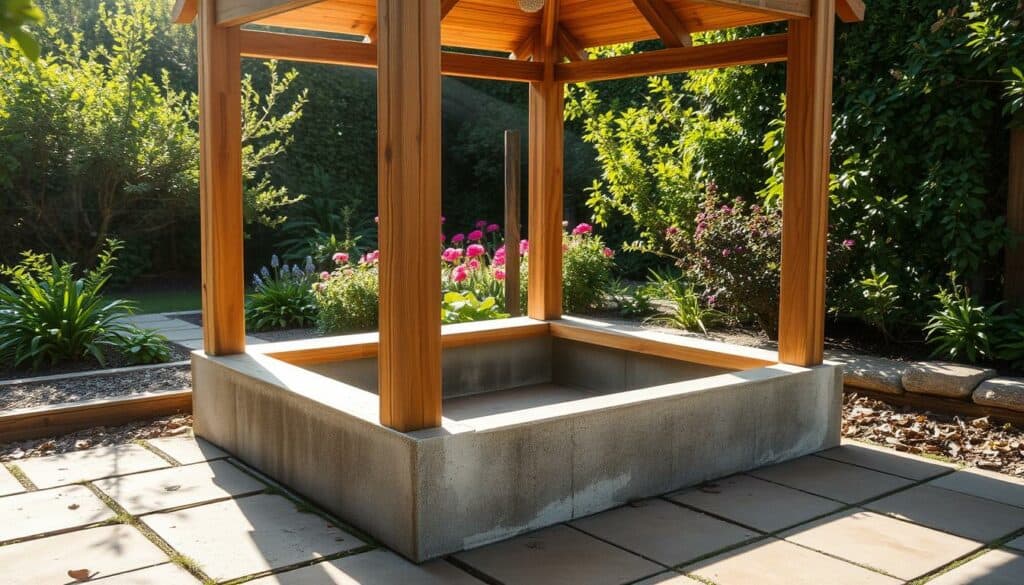 A rustic, wooden garden shower base standing firmly on a well-constructed concrete foundation. The sturdy frame is made of weathered, natural-toned timber, blending seamlessly with the lush, verdant surroundings. Sunlight filters through the overhead canopy, casting a warm, inviting glow and creating a serene, spa-like atmosphere. The ground is covered in smooth, neatly-laid paving stones, ensuring a stable, level surface for the shower. In the background, a verdant garden with vibrant flowers and shrubs adds to the tranquil, rejuvenating ambiance. The entire scene exudes a sense of relaxation and simplicity, perfectly capturing the essence of a homemade, backyard oasis. A rustic, wooden garden shower base standing firmly on a well-constructed concrete foundation. The sturdy frame is made of weathered, natural-toned timber, blending seamlessly with the lush, verdant surroundings. Sunlight filters through the overhead canopy, casting a warm, inviting glow and creating a serene, spa-like atmosphere. The ground is covered in smooth, neatly-laid paving stones, ensuring a stable, level surface for the shower. In the background, a verdant garden with vibrant flowers and shrubs adds to the tranquil, rejuvenating ambiance. The entire scene exudes a sense of relaxation and simplicity, perfectly capturing the essence of a homemade, backyard oasis.
