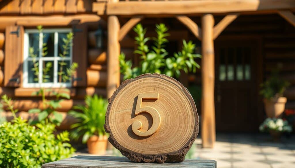 A rustic wooden house with a charming house number display in the foreground. The number is carved from a natural wood slab, with a warm, weathered finish. Subtle lighting casts soft shadows, highlighting the textural details. The middle ground features lush greenery, like potted plants or a small garden, complementing the earthy tones. In the background, a cozy, inviting porch or entryway, perhaps with subtle architectural elements, creates a welcoming atmosphere. The overall scene conveys a sense of creativity, individuality, and a harmonious blend of natural and handcrafted elements. A rustic wooden house with a charming house number display in the foreground. The number is carved from a natural wood slab, with a warm, weathered finish. Subtle lighting casts soft shadows, highlighting the textural details. The middle ground features lush greenery, like potted plants or a small garden, complementing the earthy tones. In the background, a cozy, inviting porch or entryway, perhaps with subtle architectural elements, creates a welcoming atmosphere. The overall scene conveys a sense of creativity, individuality, and a harmonious blend of natural and handcrafted elements.