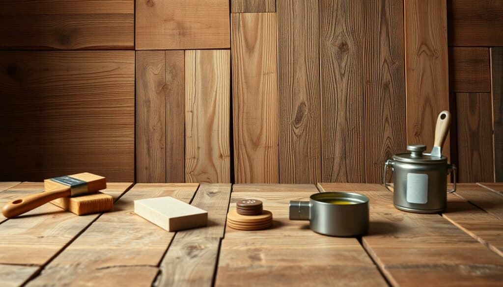 A rustic wooden surface, its texture and grains highlighted by warm, diffused lighting. In the foreground, various wood finishing tools - brushes, sandpaper, and a container of oil or wax - are arranged, suggesting the process of surface treatment. The middle ground showcases a selection of reclaimed wooden planks, their weathered surfaces hinting at their history. In the background, a simple, minimalist setting accentuates the natural beauty of the wood. The overall mood is one of craftsmanship, sustainability, and a reverence for the inherent qualities of the material. Realistic, high-resolution, 4K photographic quality. A rustic wooden surface, its texture and grains highlighted by warm, diffused lighting. In the foreground, various wood finishing tools - brushes, sandpaper, and a container of oil or wax - are arranged, suggesting the process of surface treatment. The middle ground showcases a selection of reclaimed wooden planks, their weathered surfaces hinting at their history. In the background, a simple, minimalist setting accentuates the natural beauty of the wood. The overall mood is one of craftsmanship, sustainability, and a reverence for the inherent qualities of the material. Realistic, high-resolution, 4K photographic quality.