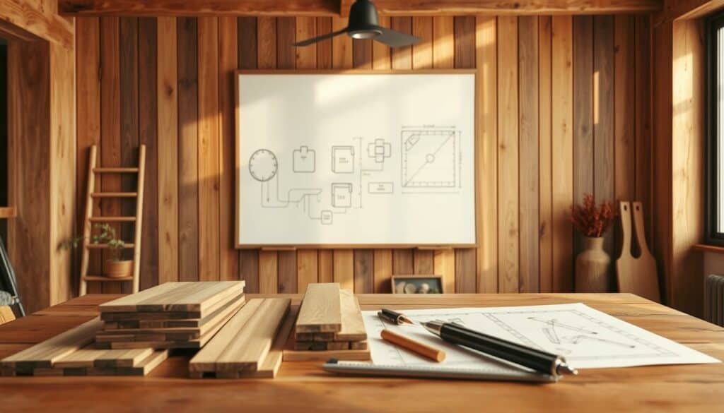 A rustic yet modern wooden wall panel planning scene. In the foreground, various wood samples and planning tools are neatly arranged on a wooden table, subtly hinting at the DIY nature of the project. The middle ground features a chalkboard or whiteboard with rough sketches and measurements, showcasing the planning process. The background depicts a warm-toned, cozy interior with natural lighting spilling in through large windows, creating a serene and inspirational atmosphere. The overall mood is one of thoughtful preparation, creativity, and a touch of rustic charm, perfectly aligning with the article's subject and section title. A rustic yet modern wooden wall panel planning scene. In the foreground, various wood samples and planning tools are neatly arranged on a wooden table, subtly hinting at the DIY nature of the project. The middle ground features a chalkboard or whiteboard with rough sketches and measurements, showcasing the planning process. The background depicts a warm-toned, cozy interior with natural lighting spilling in through large windows, creating a serene and inspirational atmosphere. The overall mood is one of thoughtful preparation, creativity, and a touch of rustic charm, perfectly aligning with the article's subject and section title.
