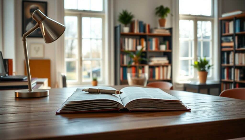 A serene and well-lit home office, illuminated by natural light streaming through large windows. On the desk, an open notebook with a pen resting on its pages, symbolizing the act of self-reflection and introspection. A potted plant and a minimalist desk lamp add a touch of life and focus to the scene. In the background, a bookshelf filled with titles on personal development and self-improvement, hinting at the resources available for effective self-coaching. The overall atmosphere is one of calm, productivity, and a sense of inner growth, conveying the essence of the "Bewährte Methoden für effektives Selbstcoaching" section.