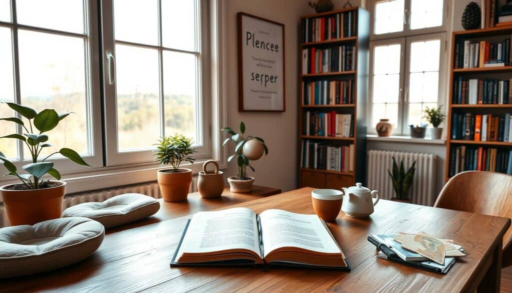 A serene home office setting, bathed in warm, natural light from large windows. On a wooden desk, a well-worn journal lies open, surrounded by various self-improvement tools - a meditation cushion, a potted plant, and a cup of tea. The walls are adorned with minimalist, inspirational wall art, creating an atmosphere of introspection and personal empowerment. In the background, a bookshelf filled with volumes on personal development and self-help guides adds a sense of depth and intellectual engagement. The overall composition conveys a tranquil, focused environment conducive to the practice of "Praktische Übungen für Selbstwirksamkeit".