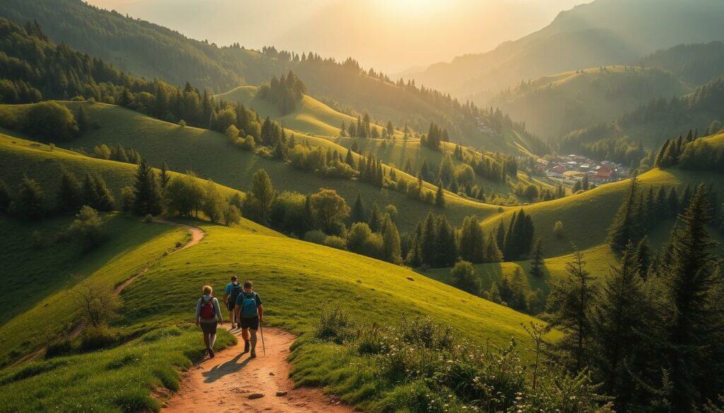 A serene landscape of rolling hills and lush forests, with a winding dirt path leading through the verdant terrain. In the foreground, a group of hikers leisurely stroll, carrying backpacks and treading lightly on the earth. Sunlight filters through the canopy of trees, casting a warm, golden glow over the scene. In the distance, a small village nestled among the hills, its rooftops peeking out between the foliage. The atmosphere exudes a sense of tranquility and respect for the natural environment, embodying the essence of sustainable travel.