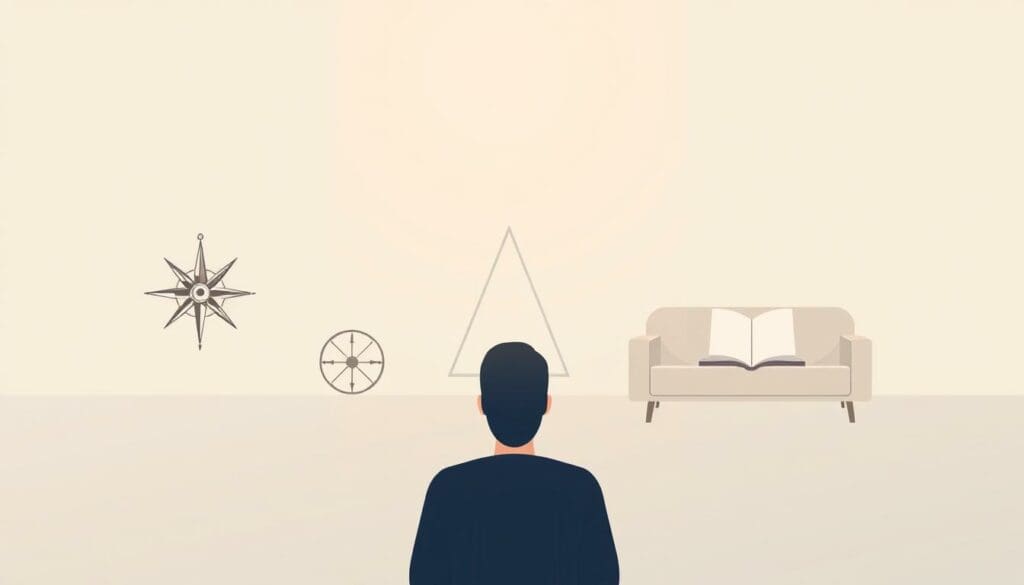A serene, minimalist illustration depicting the key differences between life coaching and psychotherapy. In the foreground, a person in deep contemplation, surrounded by subtle symbols representing the distinct approaches of these two disciplines - a compass for life coaching's focus on goal-setting and direction, juxtaposed with a couch and open book for psychotherapy's emphasis on self-discovery and emotional healing. The middle ground features a geometric divider, visually separating the two modalities. The background is a calming gradient, allowing the core concepts to shine through. Soft, diffused lighting casts a warm, thoughtful atmosphere, inviting the viewer to ponder the nuances between these complementary yet distinct practices.