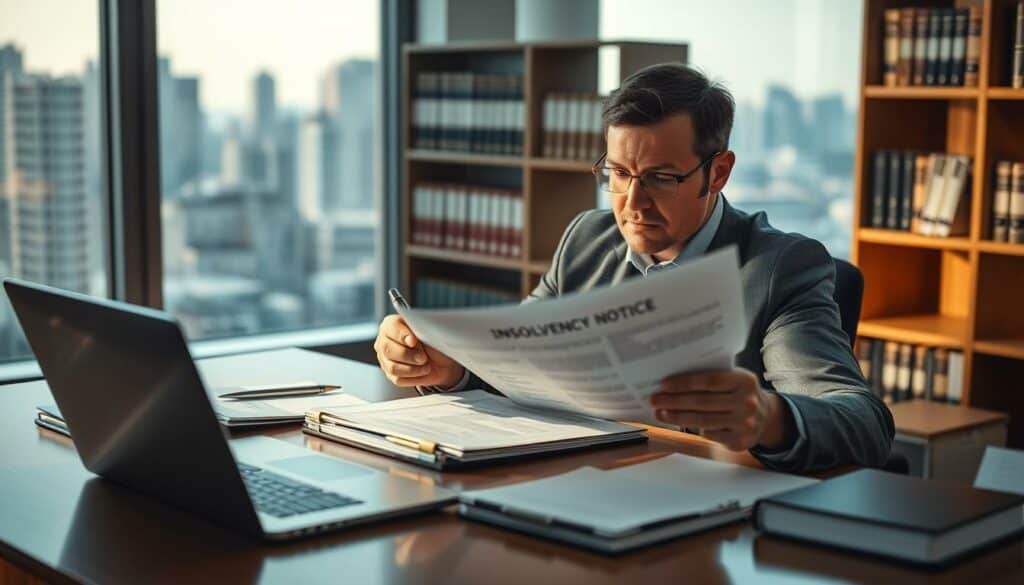A serene office setting with a businessman sitting at a desk, reviewing paperwork related to an insolvency notice. Soft, natural lighting illuminates the scene, casting a contemplative mood. The desk is meticulously organized, with a laptop, pen, and files neatly arranged. In the background, a bookshelf filled with legal tomes and a window overlooking a cityscape add depth and context. The man's expression is one of focused concentration, underscoring the gravity of the situation. The overall composition conveys a sense of professionalism and thoughtful consideration in handling this sensitive financial matter. A serene office setting with a businessman sitting at a desk, reviewing paperwork related to an insolvency notice. Soft, natural lighting illuminates the scene, casting a contemplative mood. The desk is meticulously organized, with a laptop, pen, and files neatly arranged. In the background, a bookshelf filled with legal tomes and a window overlooking a cityscape add depth and context. The man's expression is one of focused concentration, underscoring the gravity of the situation. The overall composition conveys a sense of professionalism and thoughtful consideration in handling this sensitive financial matter.