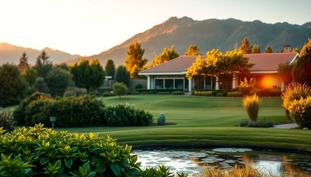 A serene retirement landscape, with a well-manicured garden in the foreground, lush green foliage and a tranquil pond reflecting the golden sunset. In the middle ground, a comfortable, modern house with clean lines and large windows, surrounded by mature trees. In the background, a picturesque mountain range bathed in warm, soft lighting. The overall scene conveys a sense of financial security, contentment, and the rewards of careful retirement planning. The lighting is natural and flattering, with a cinematic, wistful quality. The composition is balanced and visually appealing, inviting the viewer to imagine themselves in this peaceful, prosperous retirement setting.