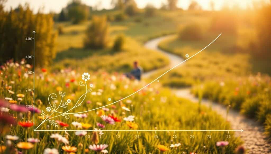 A serene, sun-dappled meadow dotted with vibrant wildflowers, a winding path leading the eye deeper into the frame. In the foreground, a stylized graph depicts a "Vergessenskurve", a visual metaphor for the gradual decline in memory and retention over time. The curve is embellished with delicate botanical motifs, hinting at the organic, natural process of learning and remembering. In the middle ground, a figure sits contemplatively, surrounded by the verdant landscape, suggesting the overcoming of the forgetting curve through mindful practice and dedication. Warm, diffuse lighting casts a calming glow, and a shallow depth of field softens the background, creating a sense of tranquility and focus. A serene, sun-dappled meadow dotted with vibrant wildflowers, a winding path leading the eye deeper into the frame. In the foreground, a stylized graph depicts a "Vergessenskurve", a visual metaphor for the gradual decline in memory and retention over time. The curve is embellished with delicate botanical motifs, hinting at the organic, natural process of learning and remembering. In the middle ground, a figure sits contemplatively, surrounded by the verdant landscape, suggesting the overcoming of the forgetting curve through mindful practice and dedication. Warm, diffuse lighting casts a calming glow, and a shallow depth of field softens the background, creating a sense of tranquility and focus.