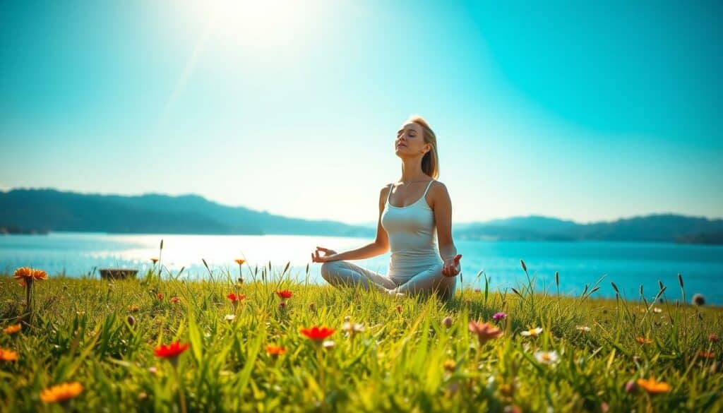 A serene, sun-lit meadow with lush green grass and vibrant wildflowers in the foreground. In the middle ground, a person sits cross-legged, eyes closed, deep in meditation, their posture radiant and focused. Behind them, a tranquil lake reflects the azure sky, with distant, rolling hills on the horizon. Soft, diffused lighting bathes the scene, creating a sense of inner peace and clarity. The overall atmosphere is one of introspection, visualization, and a feeling of effortless goal-attainment. A serene, sun-lit meadow with lush green grass and vibrant wildflowers in the foreground. In the middle ground, a person sits cross-legged, eyes closed, deep in meditation, their posture radiant and focused. Behind them, a tranquil lake reflects the azure sky, with distant, rolling hills on the horizon. Soft, diffused lighting bathes the scene, creating a sense of inner peace and clarity. The overall atmosphere is one of introspection, visualization, and a feeling of effortless goal-attainment.