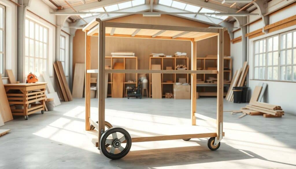 A sleek and minimalist "Rollwagen Grundkonstruktion" (basic rollcart structure) in a bright, airy workshop setting. The frame, made of solid wood and metal, stands tall and sturdy, its clean lines and neutral tones creating an elegant, functional aesthetic. Sunlight streams in through large windows, casting a warm glow over the scene and highlighting the smooth, sanded surfaces. The cart's basic components - shelves, wheels, and supports - are clearly visible, allowing the viewer to envision how it could be assembled and customized. The composition emphasizes the simplicity and versatility of this DIY project, inviting the viewer to imagine the possibilities for their own home or office space. A sleek and minimalist "Rollwagen Grundkonstruktion" (basic rollcart structure) in a bright, airy workshop setting. The frame, made of solid wood and metal, stands tall and sturdy, its clean lines and neutral tones creating an elegant, functional aesthetic. Sunlight streams in through large windows, casting a warm glow over the scene and highlighting the smooth, sanded surfaces. The cart's basic components - shelves, wheels, and supports - are clearly visible, allowing the viewer to envision how it could be assembled and customized. The composition emphasizes the simplicity and versatility of this DIY project, inviting the viewer to imagine the possibilities for their own home or office space.