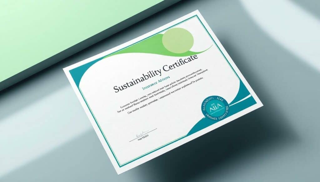 A sleek, modern certificate displaying the "Sustainability Certificate for Insurance Advisors" title, with a minimalist design featuring clean lines, subtle gradients, and a balanced composition. The certificate is rendered on high-quality paper with a subtle embossed texture, showcasing a green and blue color scheme that symbolizes environmental sustainability and financial responsibility. The design incorporates an emblem or seal that communicates the credibility and accreditation of the certification program. The overall impression is one of professionalism, environmental awareness, and a commitment to ethical practices within the insurance industry. A sleek, modern certificate displaying the "Sustainability Certificate for Insurance Advisors" title, with a minimalist design featuring clean lines, subtle gradients, and a balanced composition. The certificate is rendered on high-quality paper with a subtle embossed texture, showcasing a green and blue color scheme that symbolizes environmental sustainability and financial responsibility. The design incorporates an emblem or seal that communicates the credibility and accreditation of the certification program. The overall impression is one of professionalism, environmental awareness, and a commitment to ethical practices within the insurance industry.