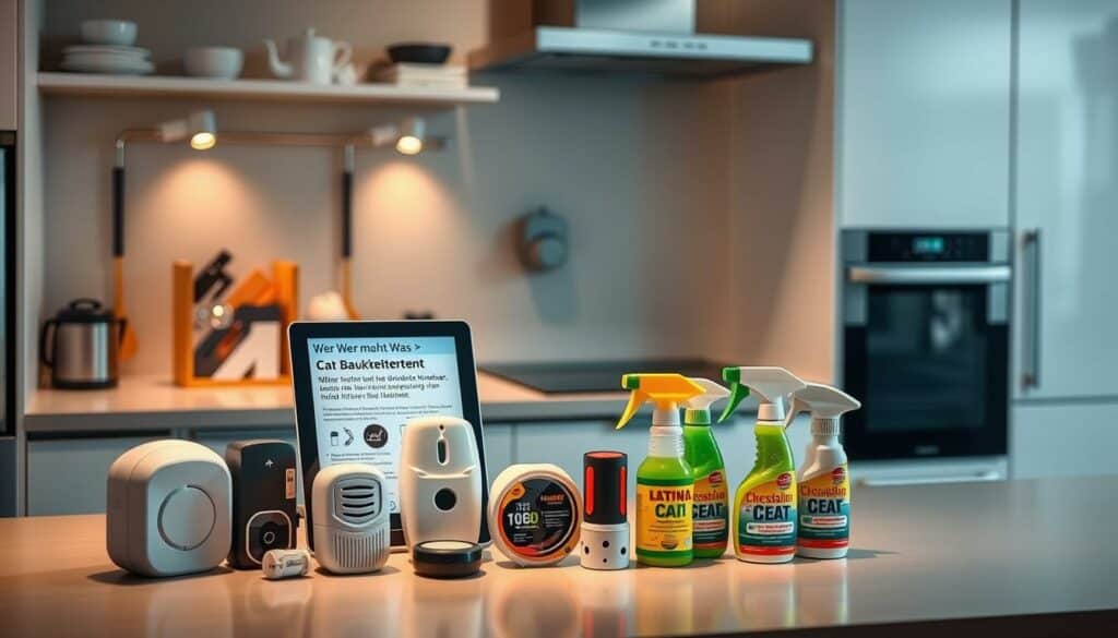 A sleek, modern kitchen counter displaying various household items and tools, including a digital device labeled "Wer macht Was" that showcases information about cat deterrents. The counter is well-lit, with soft shadows and highlights, creating a clean and professional atmosphere. In the foreground, various cat deterrents, such as motion-activated devices, ultrasonic repellers, and citrus-based sprays, are neatly arranged, inviting the viewer to examine the "Kaufkriterien" or purchase considerations. The middle ground features a simple, minimalist backdrop, allowing the products to take center stage. The overall composition emphasizes the practical and informative nature of the subject matter, providing a visually appealing and informative illustration for the article.