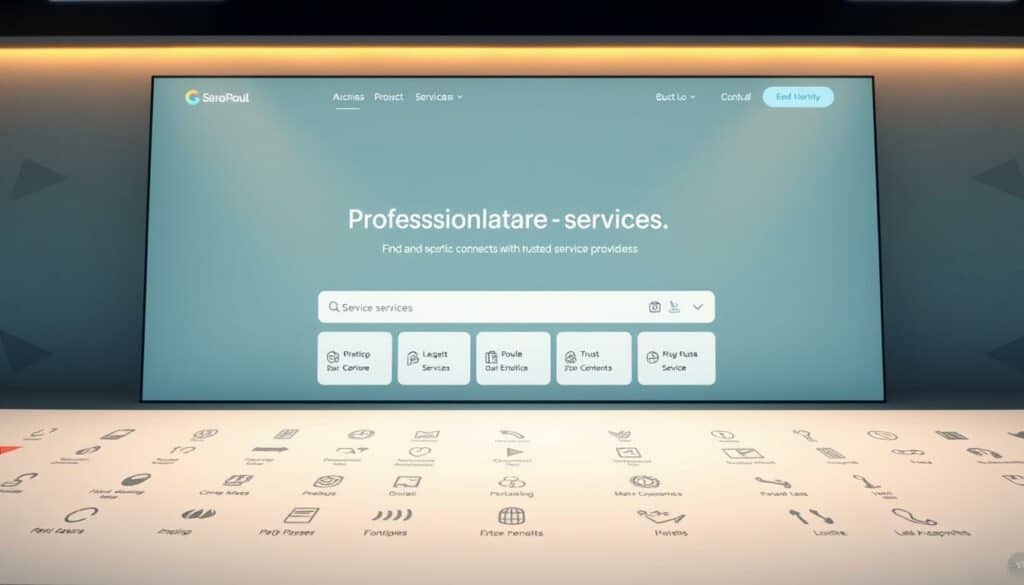 A sleek, modern platform for professional services, featuring a clean interface with minimalist design elements. In the foreground, a variety of service icons and categories are neatly arranged, conveying the breadth of offerings. The middle ground showcases a search bar and navigational menus, allowing users to easily find and connect with trusted service providers. The background depicts a subtle geometric pattern, creating a sense of structure and organization. Warm, diffused lighting casts a welcoming glow, and the overall composition suggests a user-friendly, reliable, and comprehensive platform for discovering and accessing high-quality services.