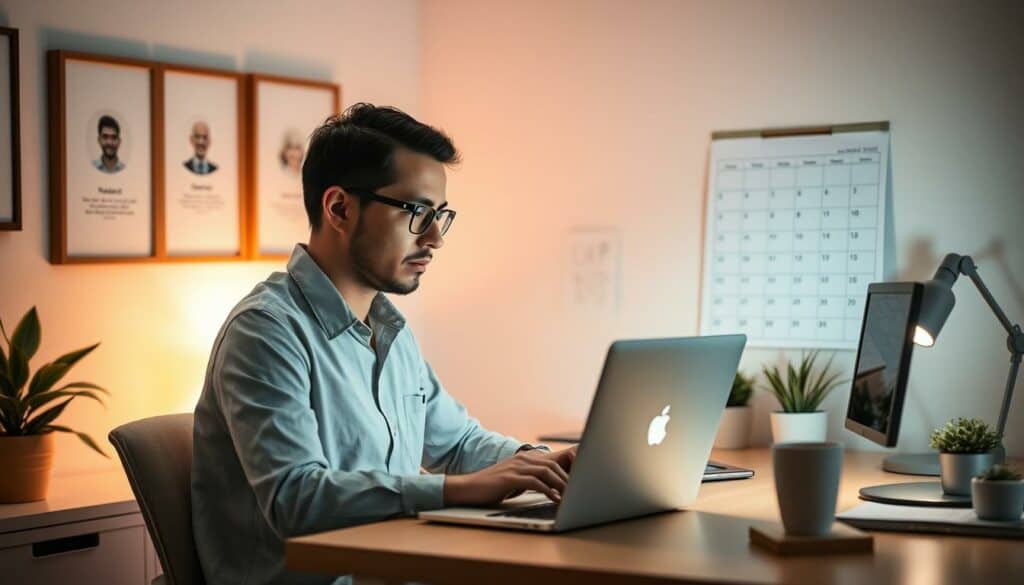 A small business owner diligently managing customer relationships in their home office. Cozy ambient lighting casts a warm glow, highlighting the meticulously organized desk space. Framed client testimonials and a calendar tracking scheduled check-ins create a sense of professionalism and care. The owner, dressed casually yet professionally, is intently focused on their laptop, exemplifying their dedication to maintaining strong customer bonds. Soft pastel tones and minimalist decor convey a sense of balance and efficiency, reflecting the owner's commitment to quality service and customer retention.