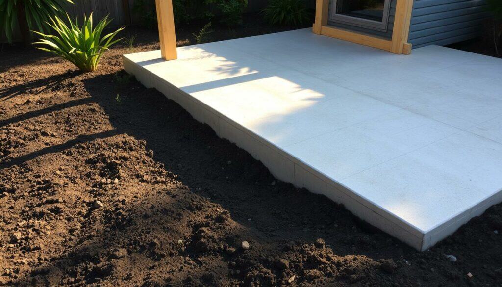 A solid concrete foundation for a backyard garden house, with a sturdy framing and smooth surface. The foundation is set level on well-compacted soil, with a slight slope for drainage. Textured concrete in a light gray tone, contrasted by dark soil and lush greenery surrounding the structure. Warm sunlight casts soft shadows, highlighting the architectural details. The scene conveys a sense of stability, purpose, and seamless integration with the natural landscape.
