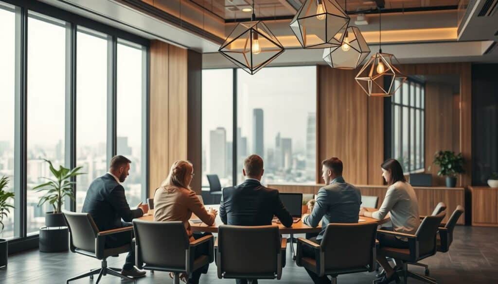 A sophisticated office interior with wooden furniture, large windows, and a professional atmosphere. In the foreground, a team of financial advisors sit around a conference table, deep in discussion. Geometric lighting fixtures cast a warm glow, while the background features a stylized cityscape visible through the windows, representing the breadth of the ministry's financial services. The overall scene conveys a sense of expertise, trust, and a commitment to providing comprehensive financial guidance for businesses.