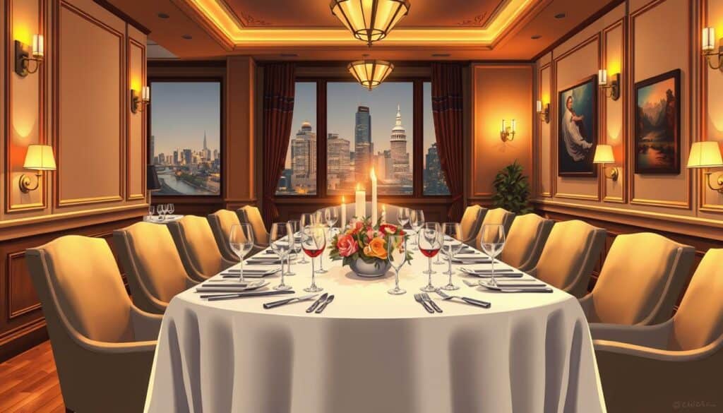 A sophisticated tablescape in an elegant Düsseldorf restaurant, bathed in warm, ambient lighting from sconce-lined walls. Crystal glassware and fine china adorn a crisp, white linen-covered table, complemented by the gleam of silverware. In the middle, an artfully arranged centerpiece of fresh flowers and candles casts a gentle glow. Wooden floors, plush upholstered chairs, and refined wall decor create a refined, tranquil ambiance. Through floor-to-ceiling windows, a glimpse of the vibrant city skyline beyond, hinting at the dynamic energy that surrounds this serene fine dining experience.