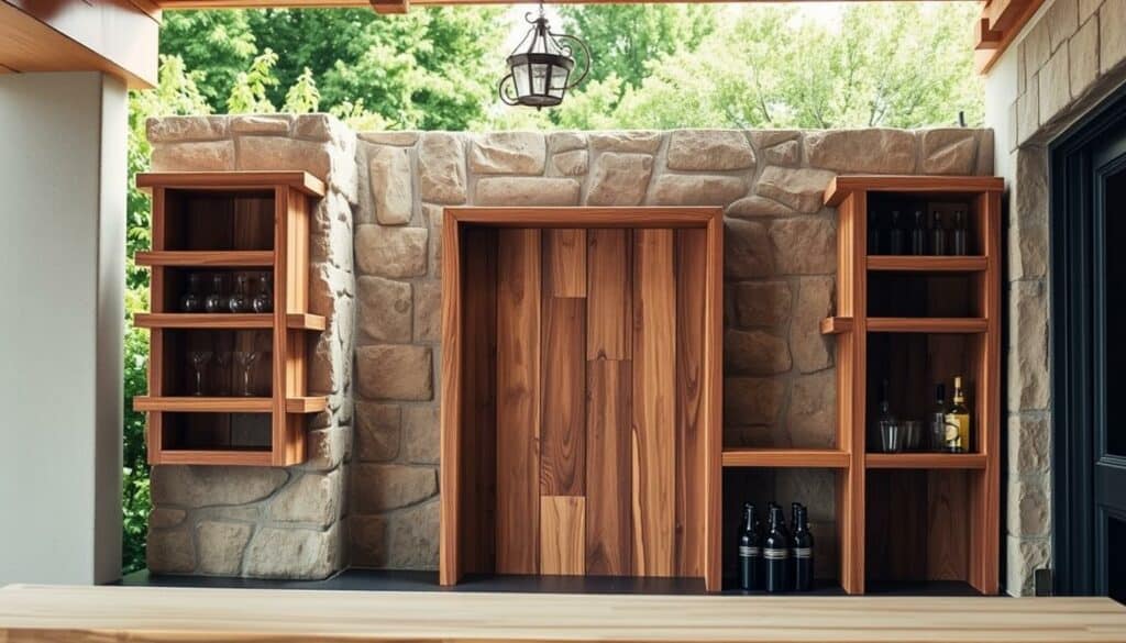 A spacious outdoor bar area with a focus on installing sturdy wooden shelves. In the foreground, skilled hands carefully mounting the shelves onto the wall, their movements precise and deliberate. The middle ground reveals the frame of the bar, its rustic wood grain complementing the natural stone backdrop. Soft, diffused lighting illuminates the scene, creating a warm, inviting atmosphere perfect for long summer evenings. Lush greenery in the background adds a touch of tranquility, hinting at the serene outdoor setting. The overall composition emphasizes the process of creating a functional and aesthetically pleasing storage solution for the bar, reflecting the theme of the article. A spacious outdoor bar area with a focus on installing sturdy wooden shelves. In the foreground, skilled hands carefully mounting the shelves onto the wall, their movements precise and deliberate. The middle ground reveals the frame of the bar, its rustic wood grain complementing the natural stone backdrop. Soft, diffused lighting illuminates the scene, creating a warm, inviting atmosphere perfect for long summer evenings. Lush greenery in the background adds a touch of tranquility, hinting at the serene outdoor setting. The overall composition emphasizes the process of creating a functional and aesthetically pleasing storage solution for the bar, reflecting the theme of the article.